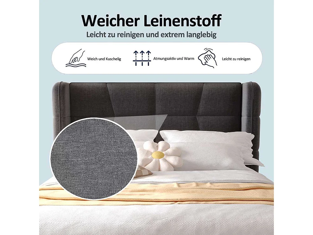 90 x 200 cm Polsterbett Kinderbett Stauraumbett mit Lattenrost, Kopfteil, Leinenbezug und Hebemechanismus, robustes Jugendbett bis 150 kg