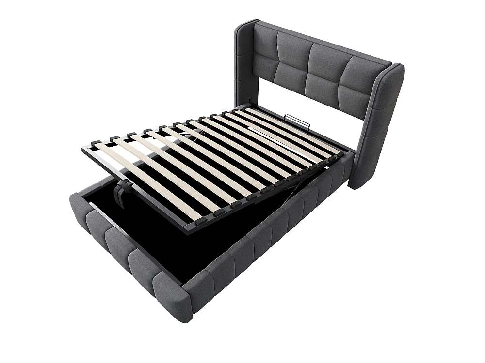 90 x 200 cm Polsterbett Kinderbett Stauraumbett mit Lattenrost, Kopfteil, Leinenbezug und Hebemechanismus, robustes Jugendbett bis 150 kg