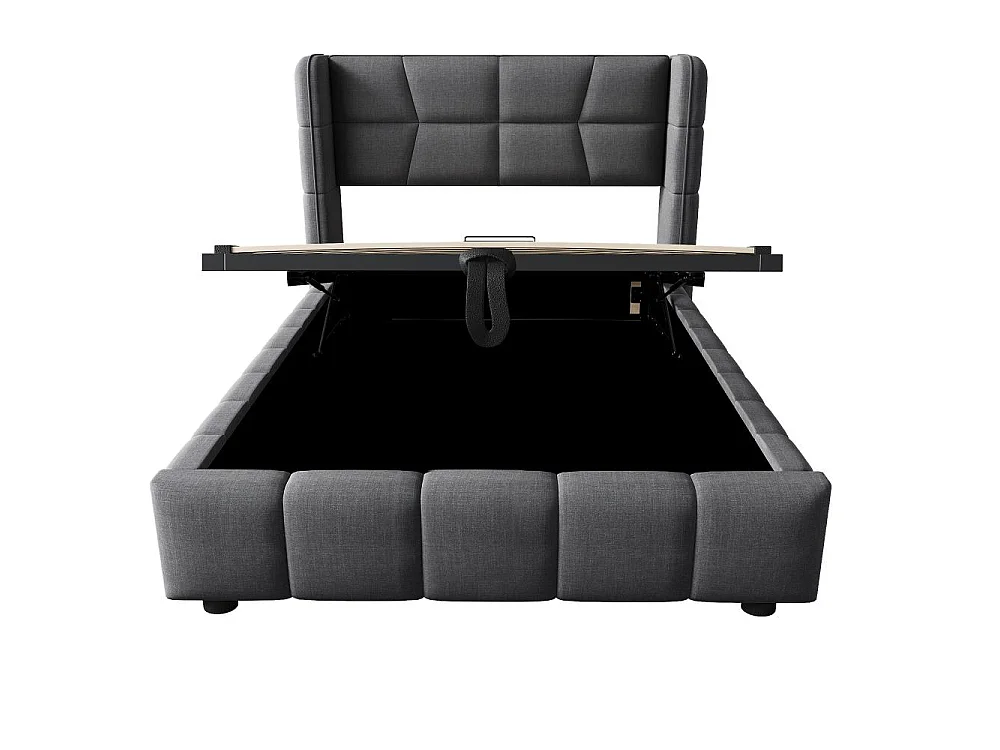 90 x 200 cm Polsterbett Kinderbett Stauraumbett mit Lattenrost, Kopfteil, Leinenbezug und Hebemechanismus, robustes Jugendbett bis 150 kg