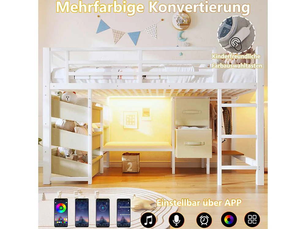 Lit mi-hauteur 90x200 cm en métal avec coussin d’assise, tiroir et poche de rangement en tissu, éclairage LED, crochets intégrés, sans matelas