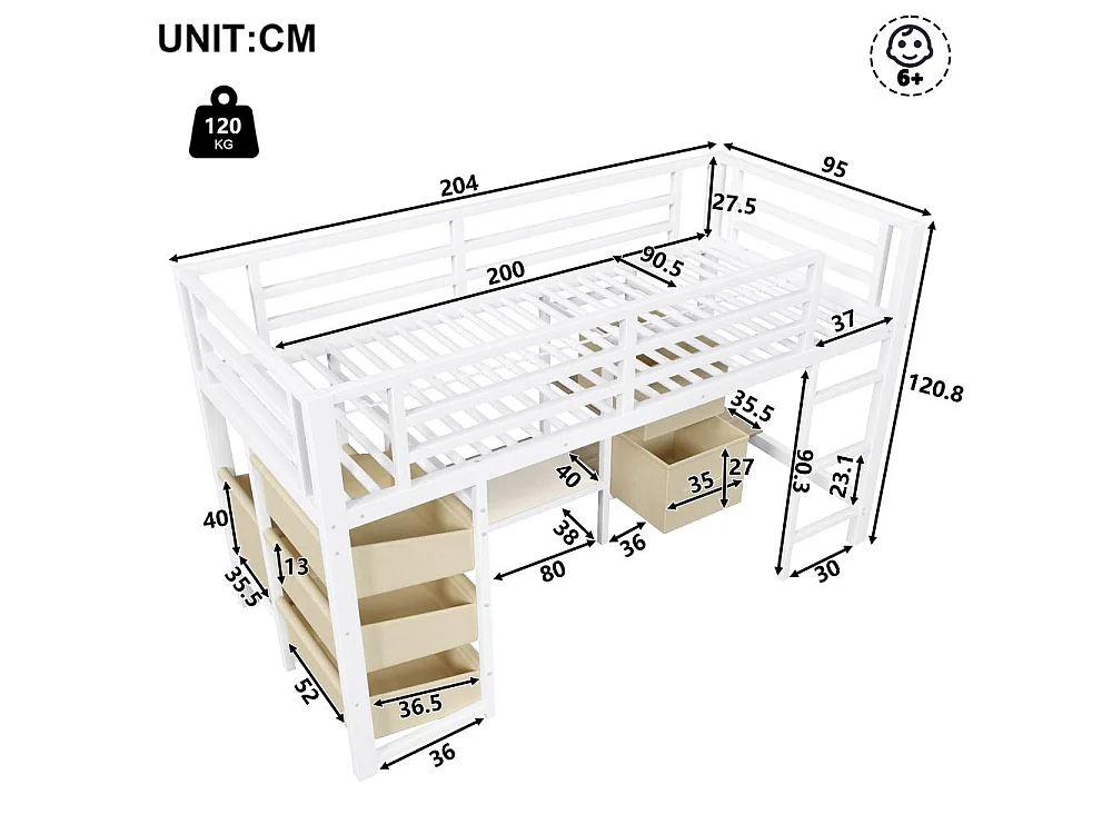 Lit mi-hauteur 90x200 cm en métal avec coussin d’assise, tiroir et poche de rangement en tissu, éclairage LED, crochets intégrés, sans matelas