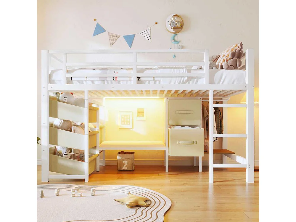 Lit mi-hauteur 90x200 cm en métal avec coussin d’assise, tiroir et poche de rangement en tissu, éclairage LED, crochets intégrés, sans matelas