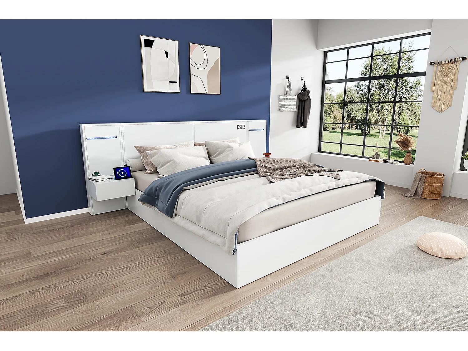 Cama Doble de Madera con USB, Reloj Electrónico, Altavoz Bluetooth, Iluminación Ambiental 160x200cm - 2 Mesas de Noche Blancas Sin Cajones
