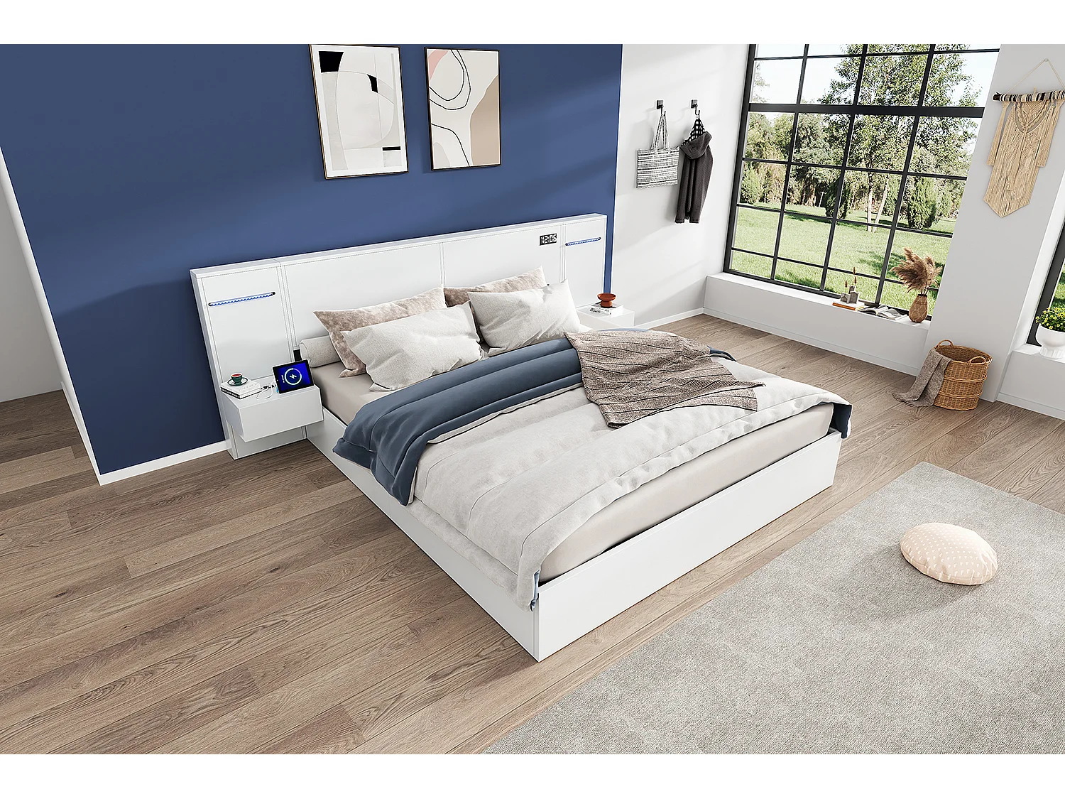 Cama Doble de Madera con USB, Reloj Electrónico, Altavoz Bluetooth, Iluminación Ambiental 160x200cm - 2 Mesas de Noche Blancas Sin Cajones