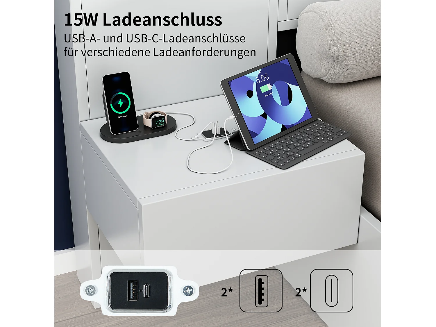 Cama Doble de Madera con USB, Reloj Electrónico, Altavoz Bluetooth, Iluminación Ambiental 160x200cm - 2 Mesas de Noche Blancas Sin Cajones