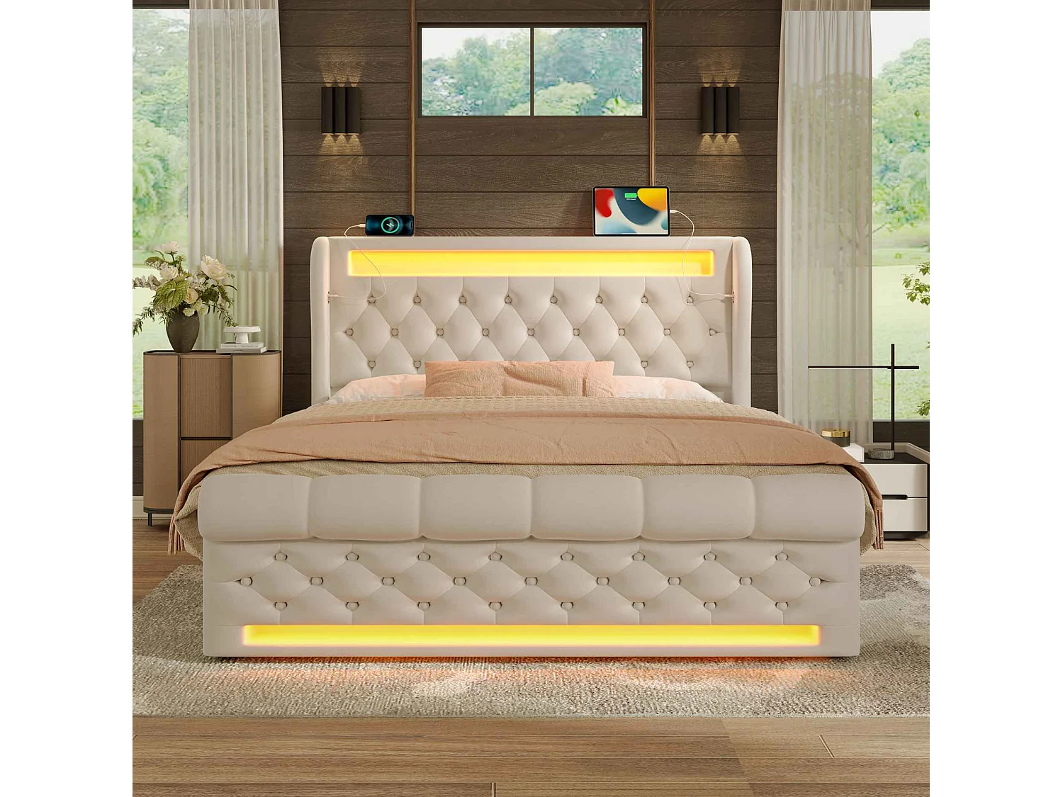 Lit Moderne avec Tête de Lit Capitonnée, 140x200cm, LED, USB et Type-C, Rangement Hydraulique, Tissu en Velours (Sans Matelas)