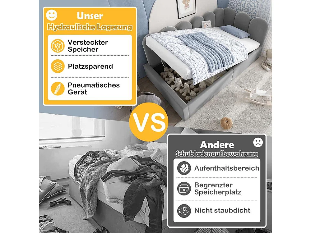 Lit polster Daybett 90x190 cm, canapé-lit hydraulique avec rangement, lit enfant avec sommier métallique, velours, sans matelas