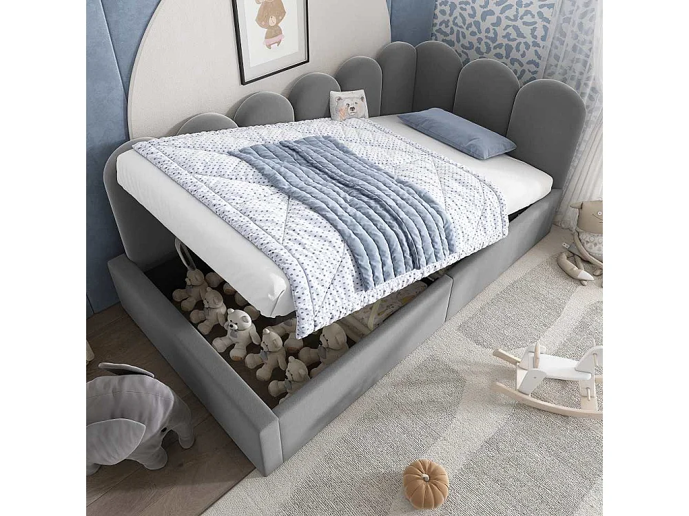 Lit polster Daybett 90x190 cm, canapé-lit hydraulique avec rangement, lit enfant avec sommier métallique, velours, sans matelas