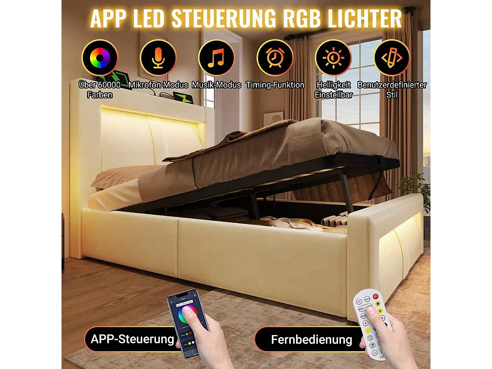 Letto singolo 90x200 cm con contenitore idraulico, LED controllabile via app, USB & Type-C integrati, testata curva, senza materasso