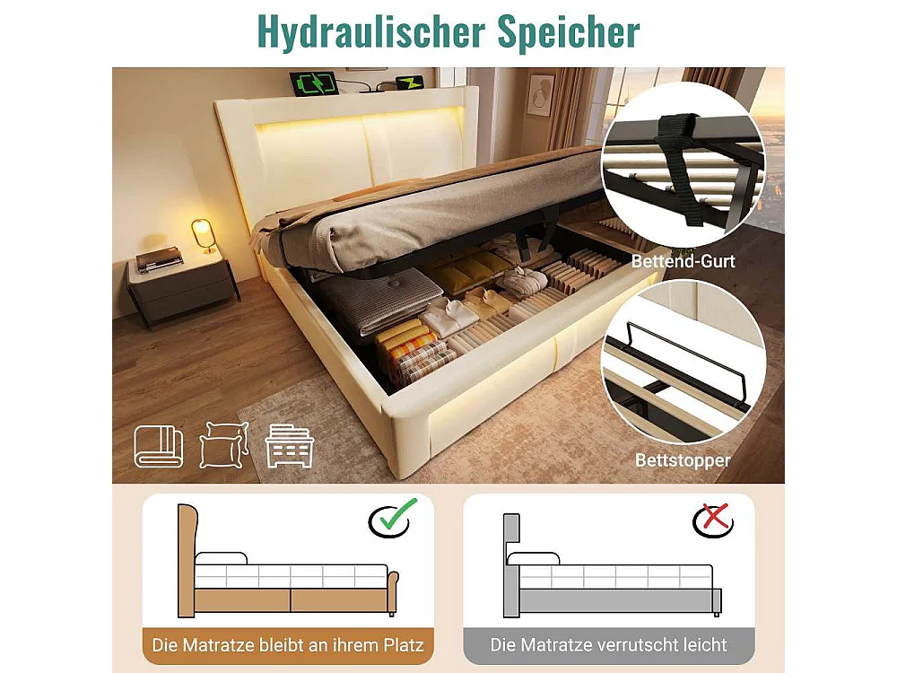 Letto singolo 90x200 cm con contenitore idraulico, LED controllabile via app, USB & Type-C integrati, testata curva, senza materasso