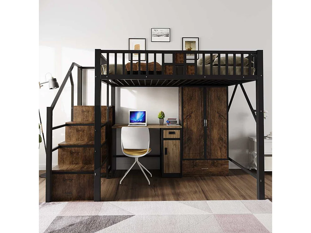 Lit mezzanine métal 140×200 cm, design garde-corps bois & métal, avec armoire, tiroirs et échelle de rangement, noir