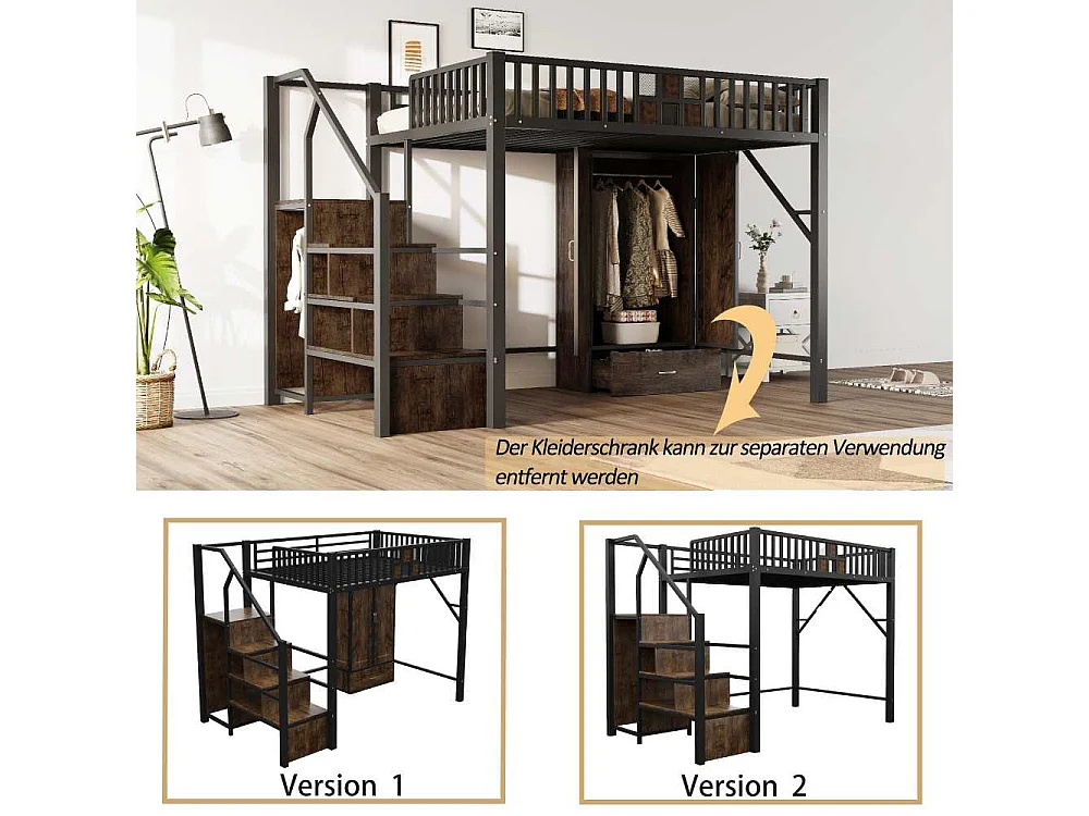 Lit mezzanine métal 140×200 cm, design garde-corps bois & métal, avec armoire, tiroirs et échelle de rangement, noir