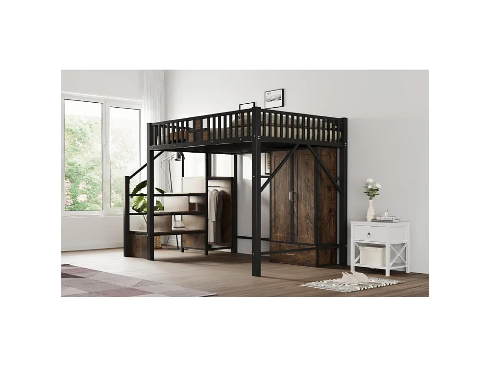 Lit mezzanine métal 140×200 cm, design garde-corps bois & métal, avec armoire, tiroirs et échelle de rangement, noir