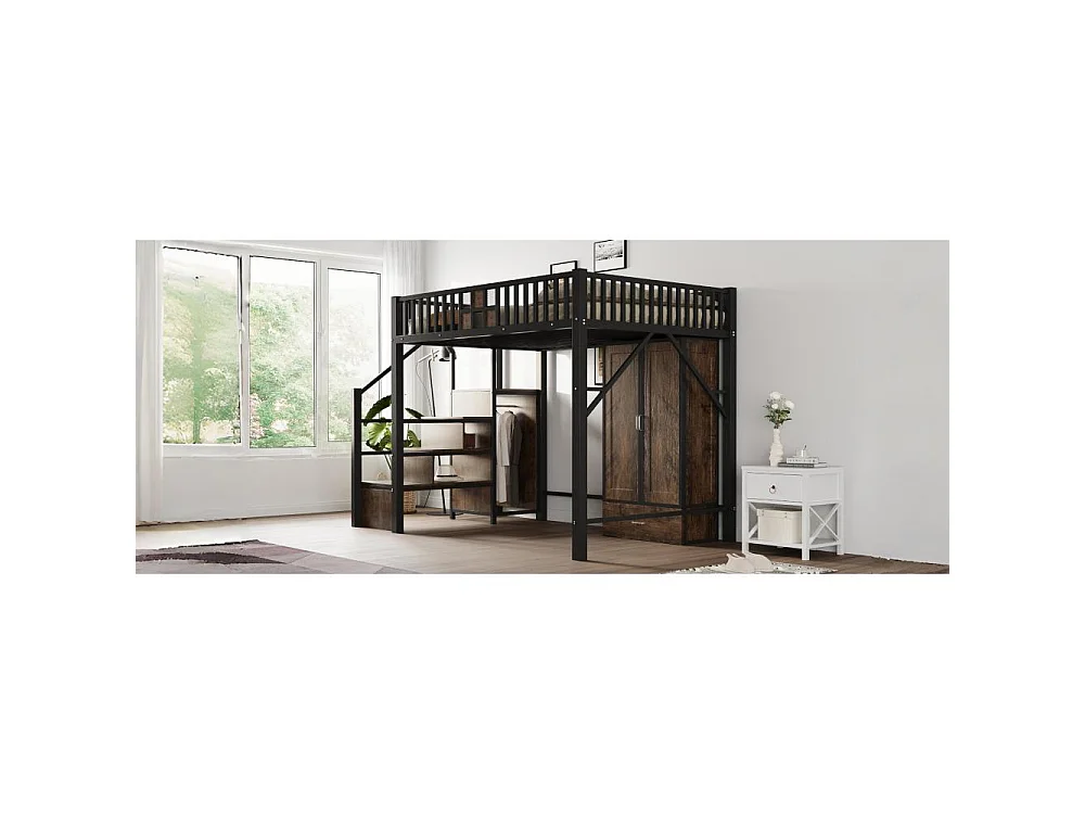 Lit mezzanine métal 140×200 cm, design garde-corps bois & métal, avec armoire, tiroirs et échelle de rangement, noir