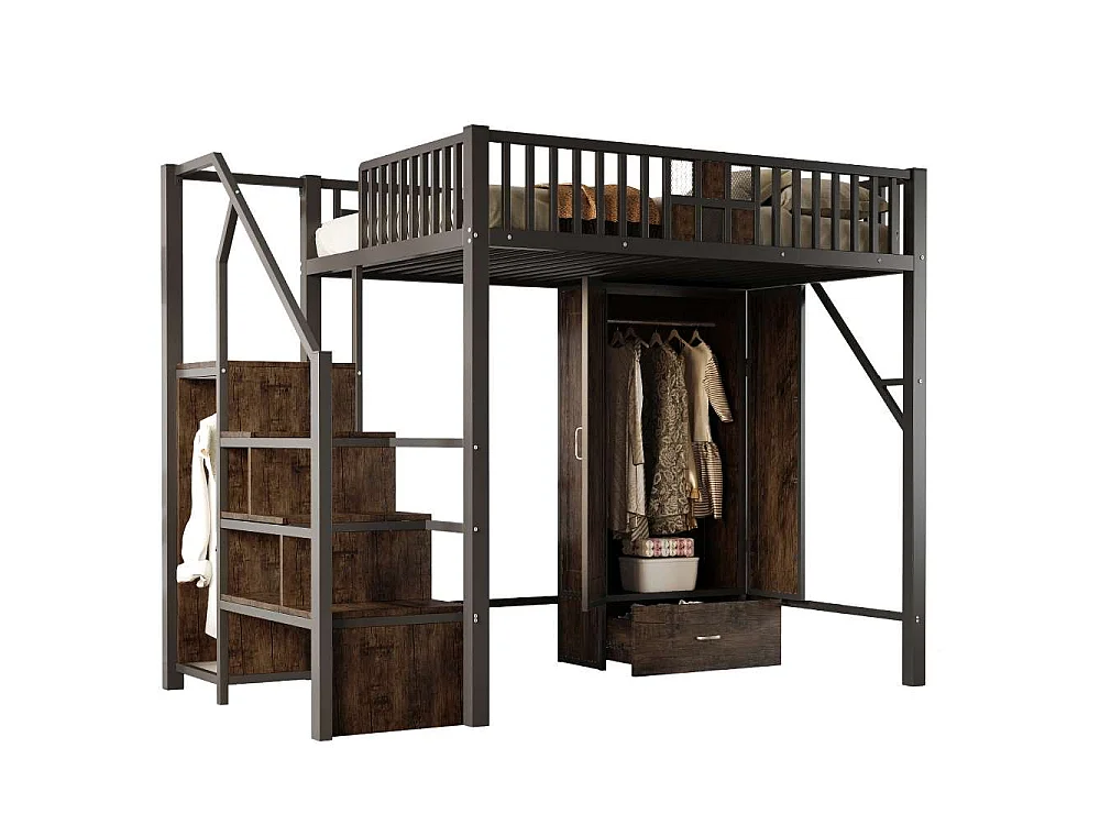 Lit mezzanine métal 140×200 cm, design garde-corps bois & métal, avec armoire, tiroirs et échelle de rangement, noir