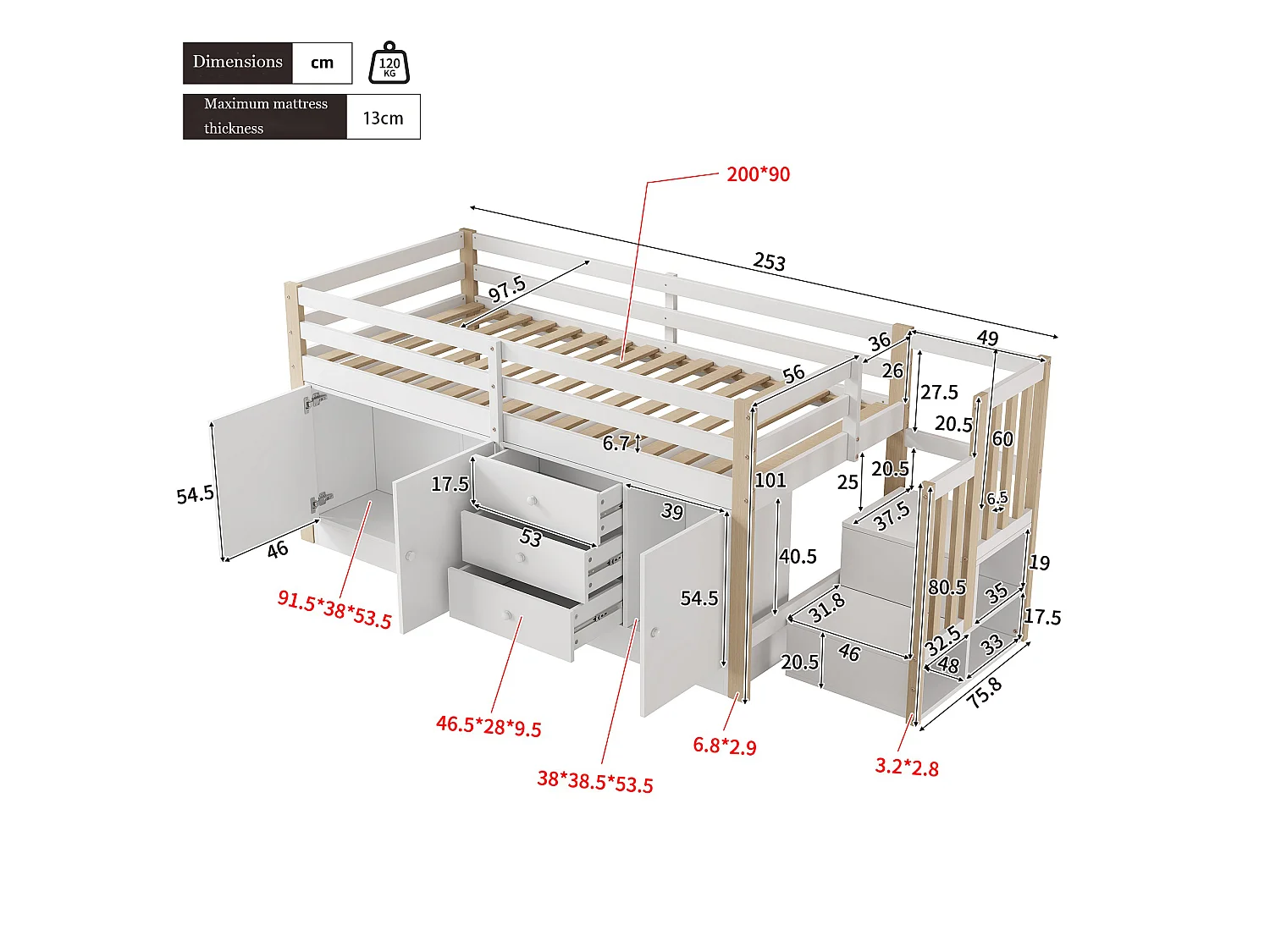 Cama para niños con escaleras, armarios y barra para ropa, 90x200 cm, diseño moderno y práctico, sin colchón, blanca