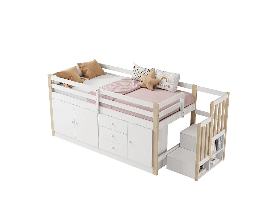 Cama para niños con escaleras, armarios y barra para ropa, 90x200 cm, diseño moderno y práctico, sin colchón, blanca