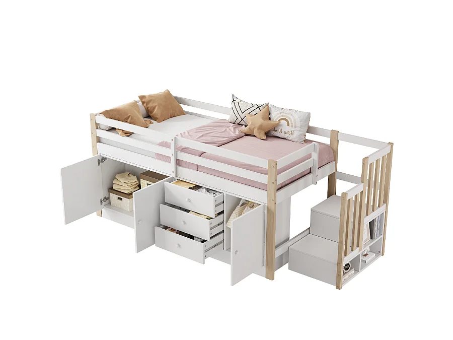 Cama para niños con escaleras, armarios y barra para ropa, 90x200 cm, diseño moderno y práctico, sin colchón, blanca