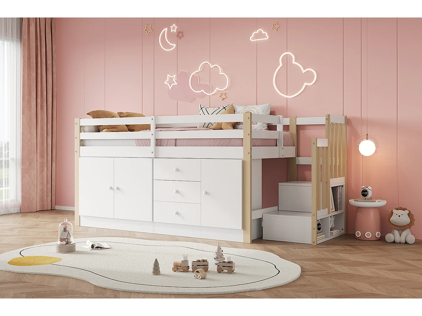Cama para niños con escaleras, armarios y barra para ropa, 90x200 cm, diseño moderno y práctico, sin colchón, blanca