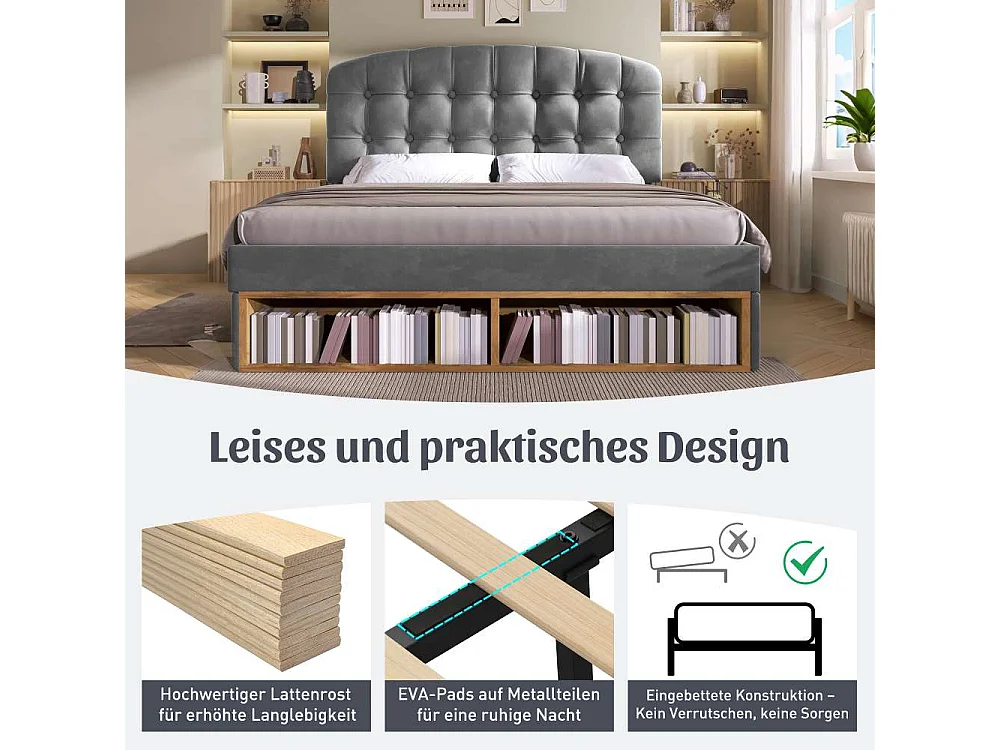 140x190 cm Lit Polster en Velours avec Tête Réglable, Rangement Intégré, Sommier à Lattes et Design Élégant
