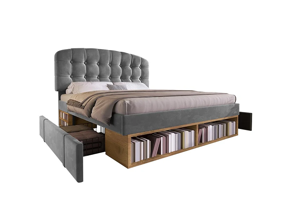140x190 cm Lit Polster en Velours avec Tête Réglable, Rangement Intégré, Sommier à Lattes et Design Élégant