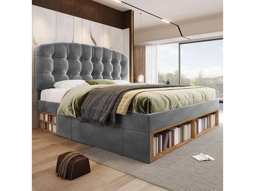 140x190 cm Lit Polster en Velours avec Tête Réglable, Rangement Intégré, Sommier à Lattes et Design Élégant