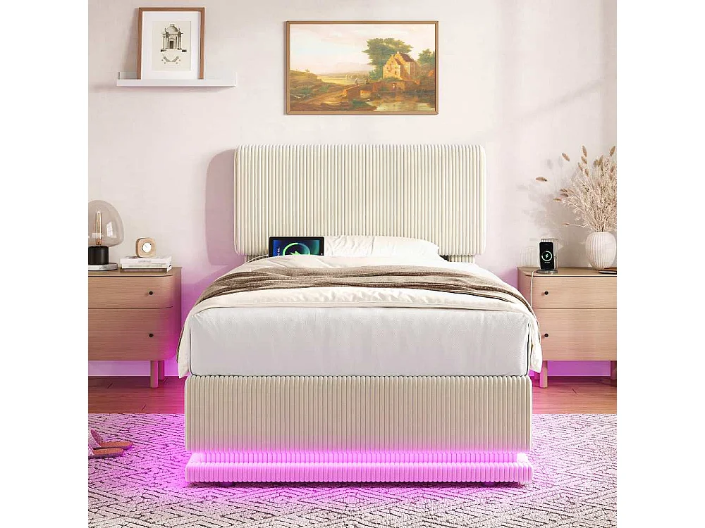90*200 cm Lit Polster Moderne avec LED, USB-C, Cord-Satin, Rangement Spacieux et Tête Réglable