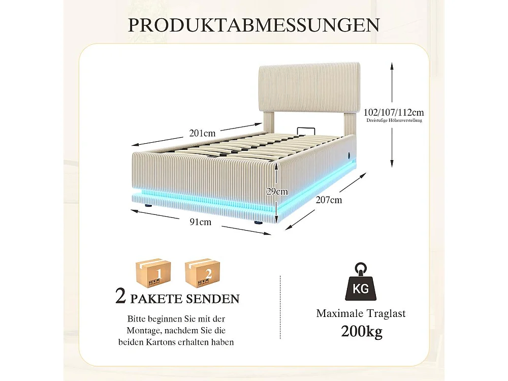 90*200 cm Lit Polster Moderne avec LED, USB-C, Cord-Satin, Rangement Spacieux et Tête Réglable