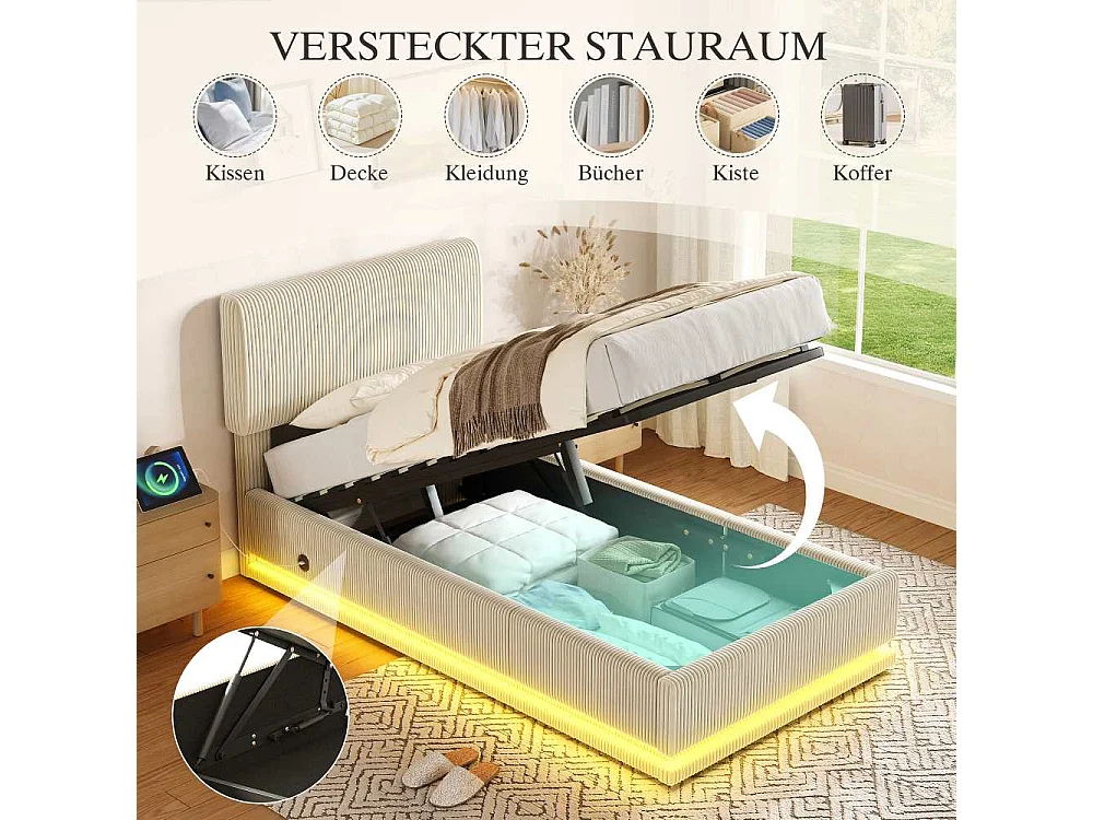 90*200 cm Lit Polster Moderne avec LED, USB-C, Cord-Satin, Rangement Spacieux et Tête Réglable