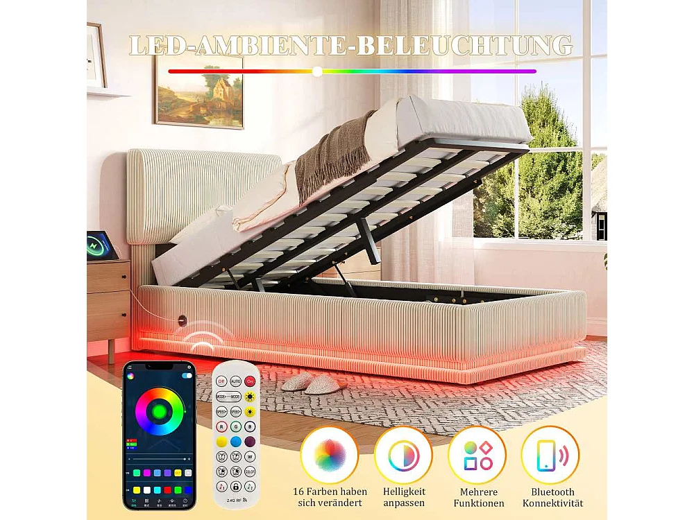 90*200 cm Lit Polster Moderne avec LED, USB-C, Cord-Satin, Rangement Spacieux et Tête Réglable