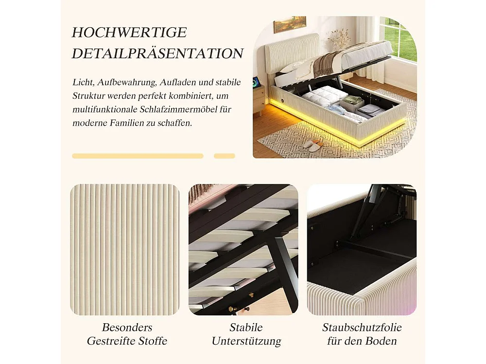 90*200 cm Lit Polster Moderne avec LED, USB-C, Cord-Satin, Rangement Spacieux et Tête Réglable
