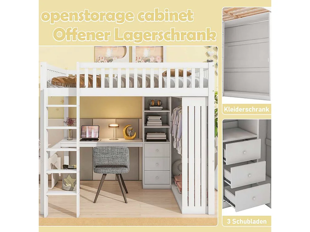 Lit mezzanine 140x200 cm avec bureau, armoire, 3 tiroirs, rangement ouvert, garde-corps et échelle, sans matelas, bois robuste et durable