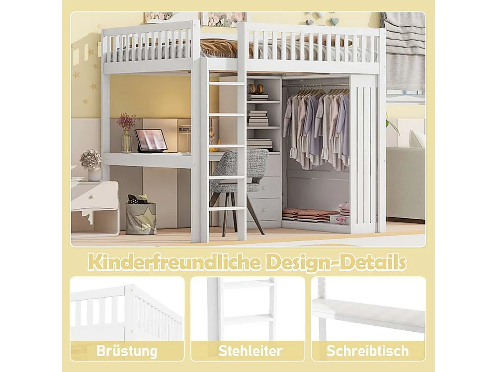 Lit mezzanine 140x200 cm avec bureau, armoire, 3 tiroirs, rangement ouvert, garde-corps et échelle, sans matelas, bois robuste et durable