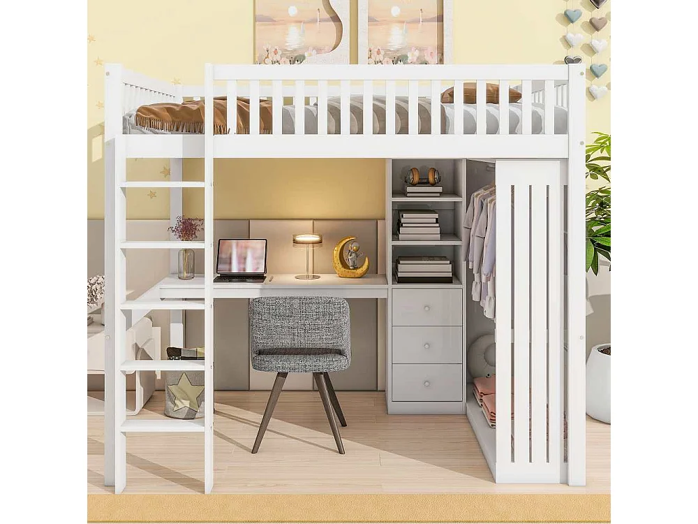 Lit mezzanine 140x200 cm avec bureau, armoire, 3 tiroirs, rangement ouvert, garde-corps et échelle, sans matelas, bois robuste et durable