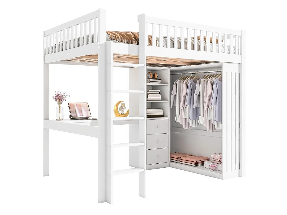 Lit mezzanine 140x200 cm avec bureau, armoire, 3 tiroirs, rangement ouvert, garde-corps et échelle, sans matelas, bois robuste et durable