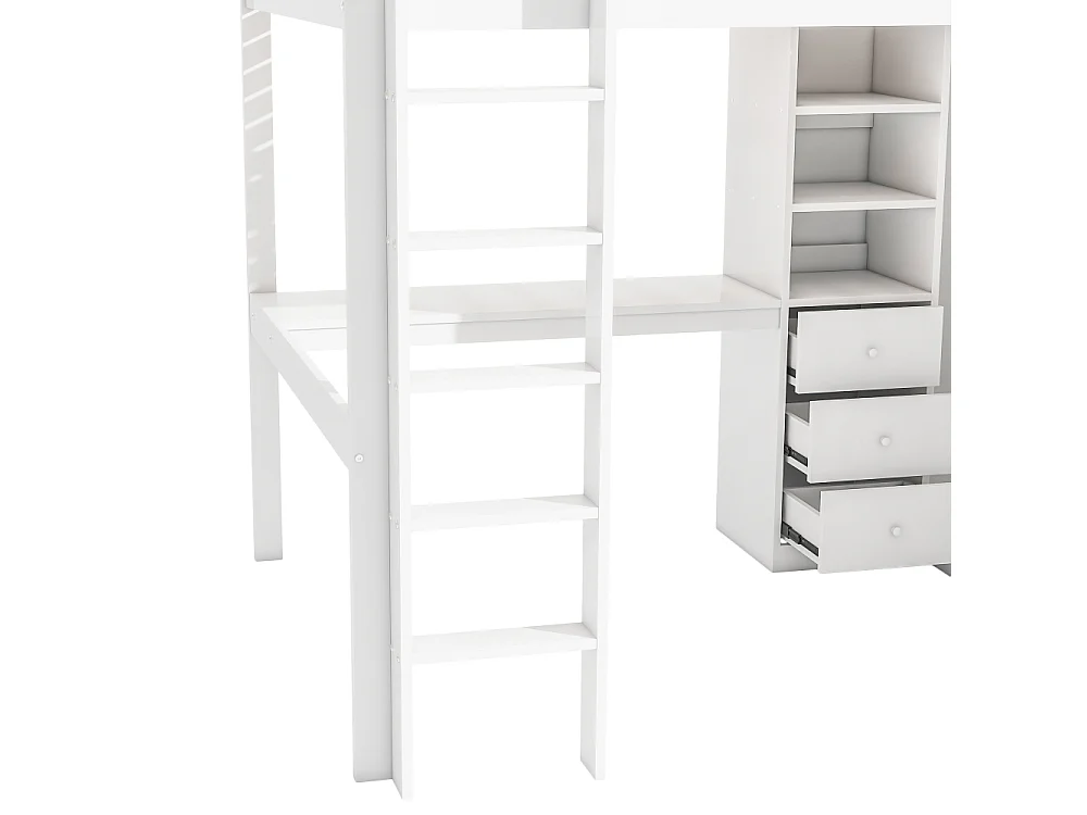 Lit mezzanine 140x200 cm avec bureau, armoire, 3 tiroirs, rangement ouvert, garde-corps et échelle, sans matelas, bois robuste et durable