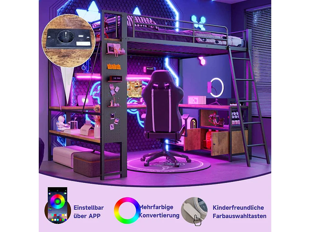 Lit mezzanine 90 x 200 cm avec cadre en métal, LED, bureau intégré, rangements multiples, étagères, panneau perforé et ports USB, sans matelas
