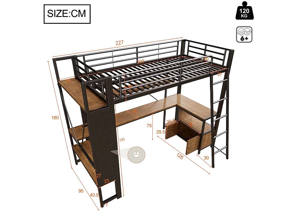 Lit mezzanine 90 x 200 cm avec cadre en métal, LED, bureau intégré, rangements multiples, étagères, panneau perforé et ports USB, sans matelas