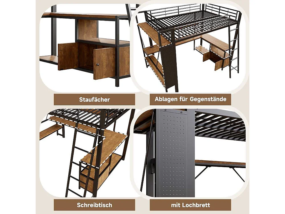 Lit mezzanine 90 x 200 cm avec cadre en métal, LED, bureau intégré, rangements multiples, étagères, panneau perforé et ports USB, sans matelas