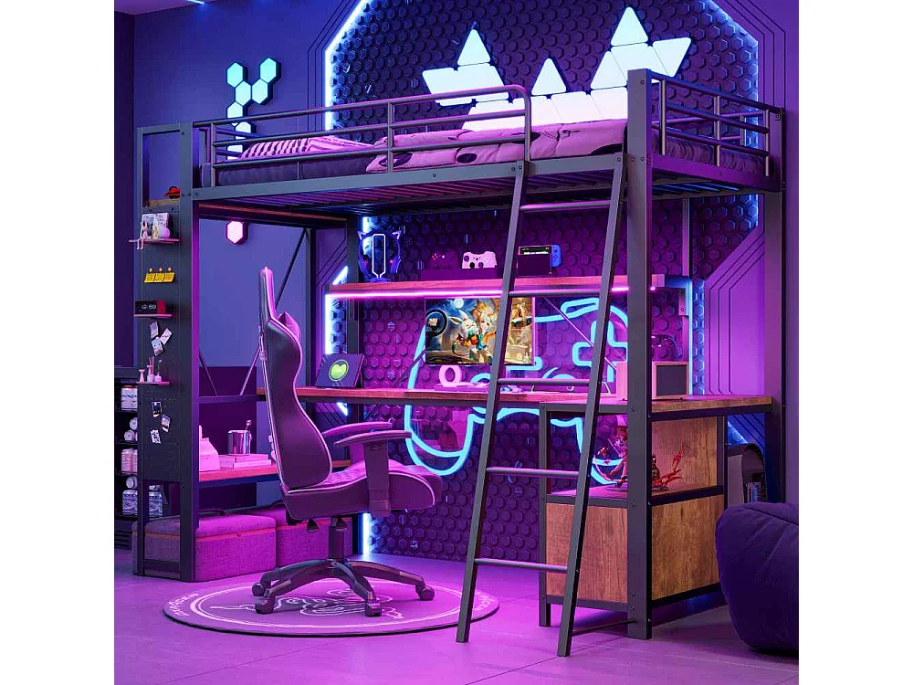 Lit mezzanine 90 x 200 cm avec cadre en métal, LED, bureau intégré, rangements multiples, étagères, panneau perforé et ports USB, sans matelas