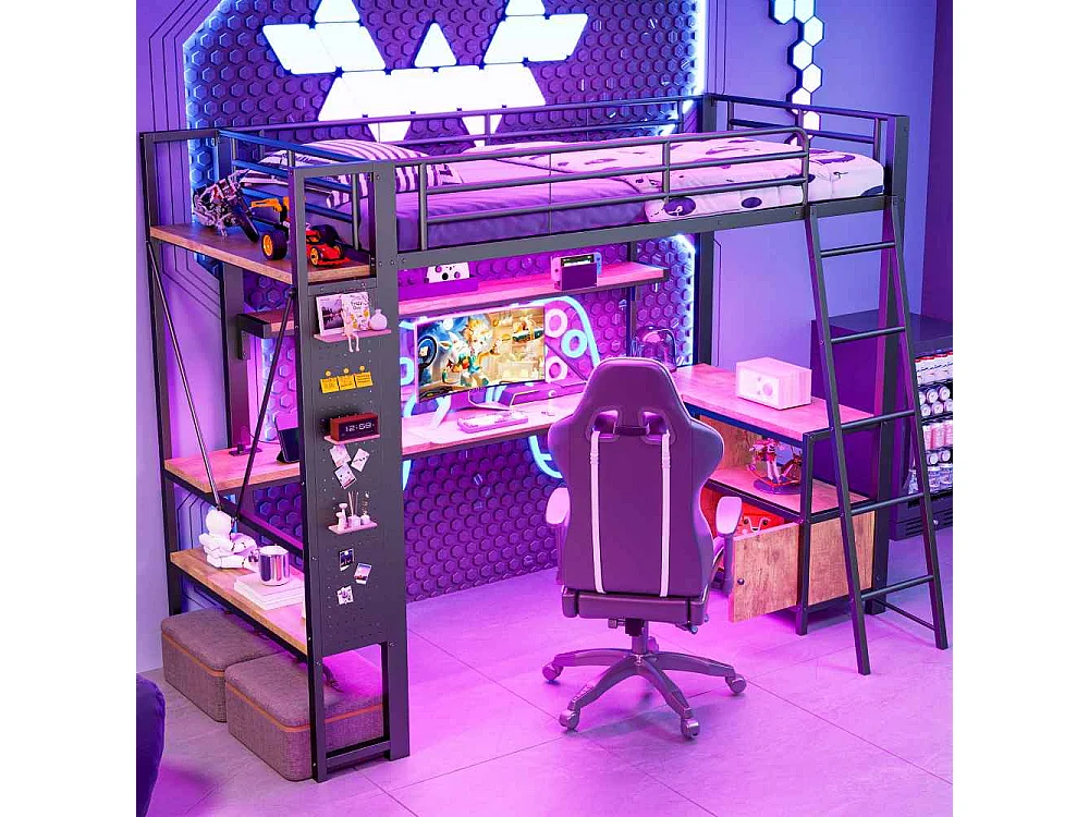 Lit mezzanine 90 x 200 cm avec cadre en métal, LED, bureau intégré, rangements multiples, étagères, panneau perforé et ports USB, sans matelas