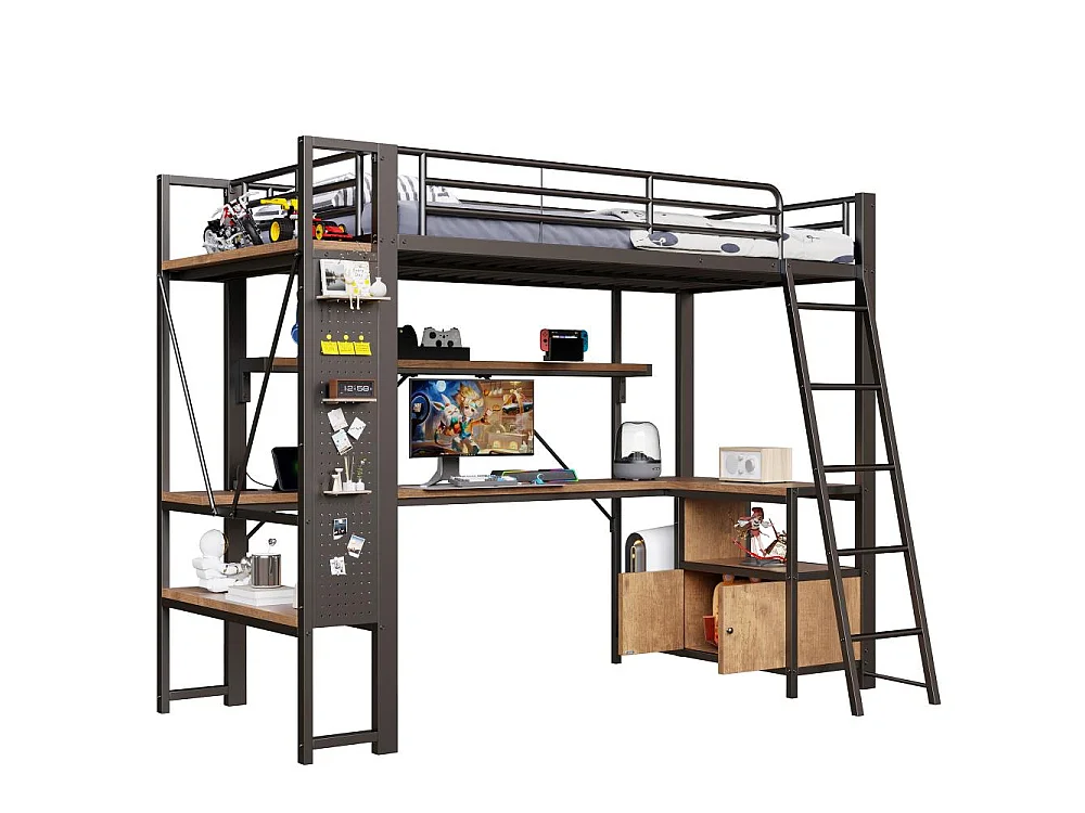 Lit mezzanine 90 x 200 cm avec cadre en métal, LED, bureau intégré, rangements multiples, étagères, panneau perforé et ports USB, sans matelas