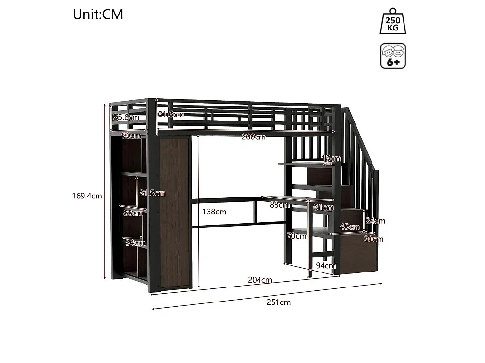 Cama loft 90x200 cm con estructura metálica, escritorio integrado, estantes, LED ajustable y escalones con almacenamiento, sin colchón