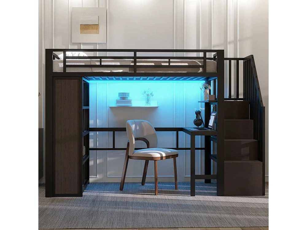 Cama loft 90x200 cm con estructura metálica, escritorio integrado, estantes, LED ajustable y escalones con almacenamiento, sin colchón