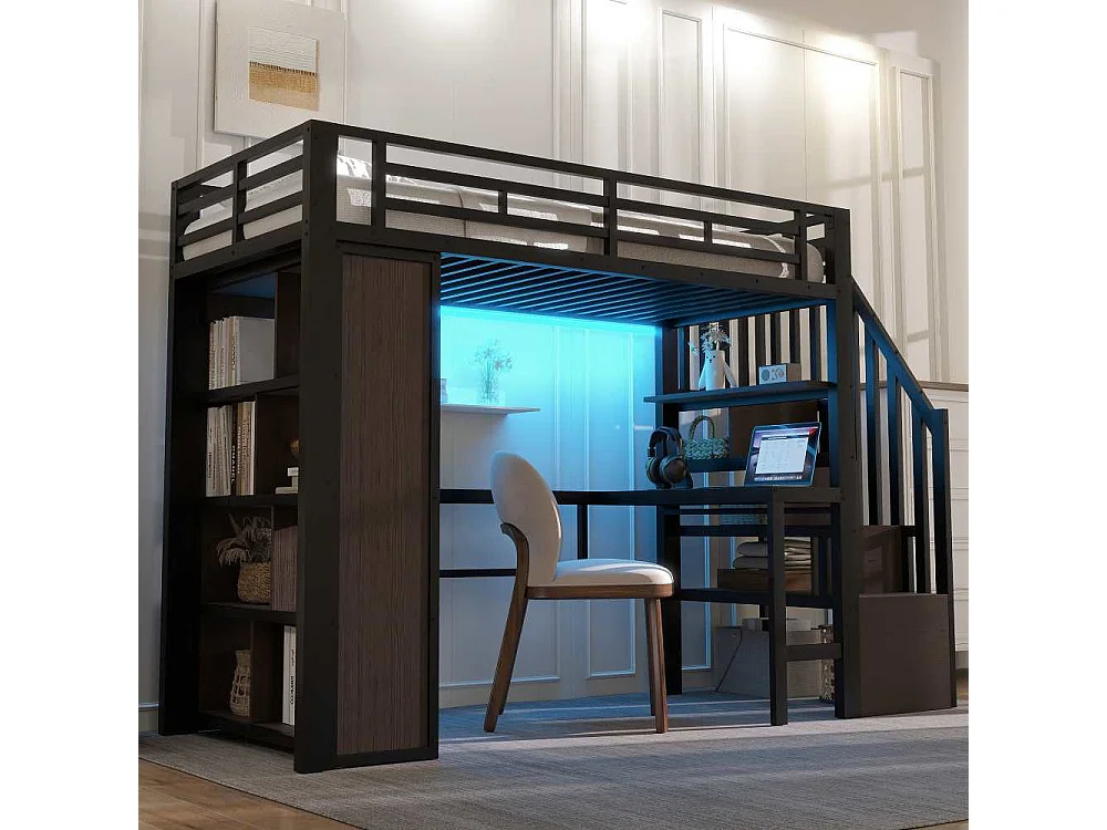 Cama loft 90x200 cm con estructura metálica, escritorio integrado, estantes, LED ajustable y escalones con almacenamiento, sin colchón