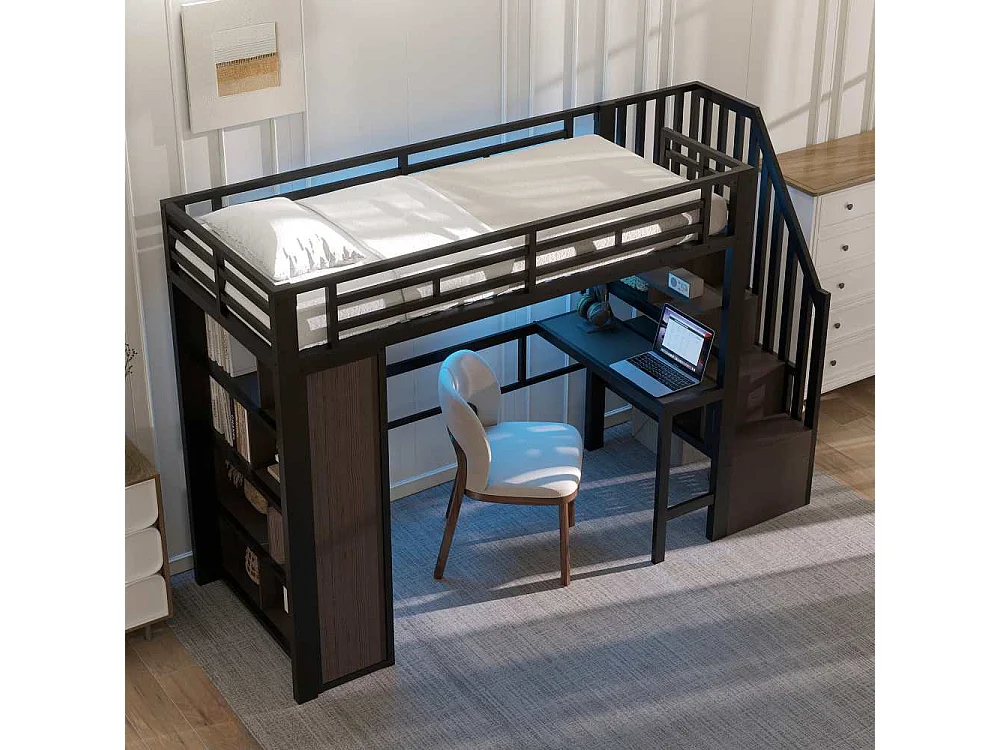 Cama loft 90x200 cm con estructura metálica, escritorio integrado, estantes, LED ajustable y escalones con almacenamiento, sin colchón