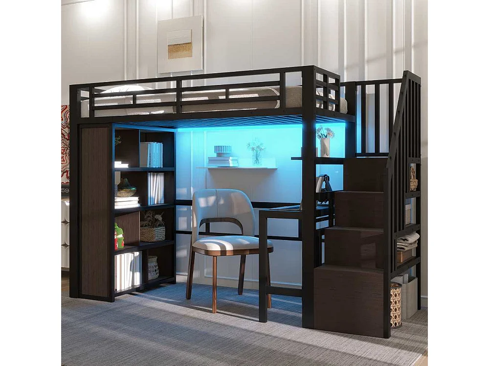 Cama loft 90x200 cm con estructura metálica, escritorio integrado, estantes, LED ajustable y escalones con almacenamiento, sin colchón