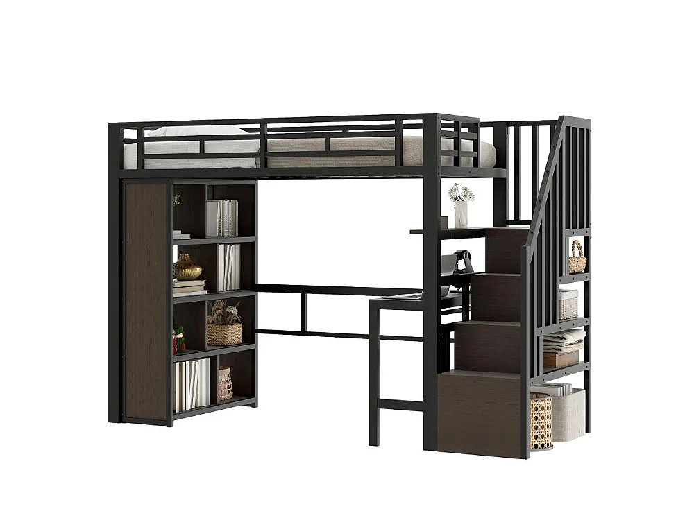 Cama loft 90x200 cm con estructura metálica, escritorio integrado, estantes, LED ajustable y escalones con almacenamiento, sin colchón