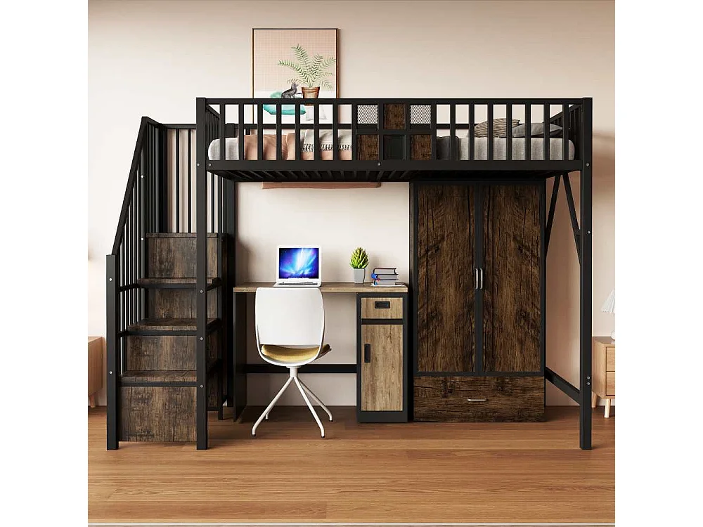 Lit mezzanine métal 90×200 cm avec garde-corps bois-métal, grand placard, tiroirs et échelle de rangement noir