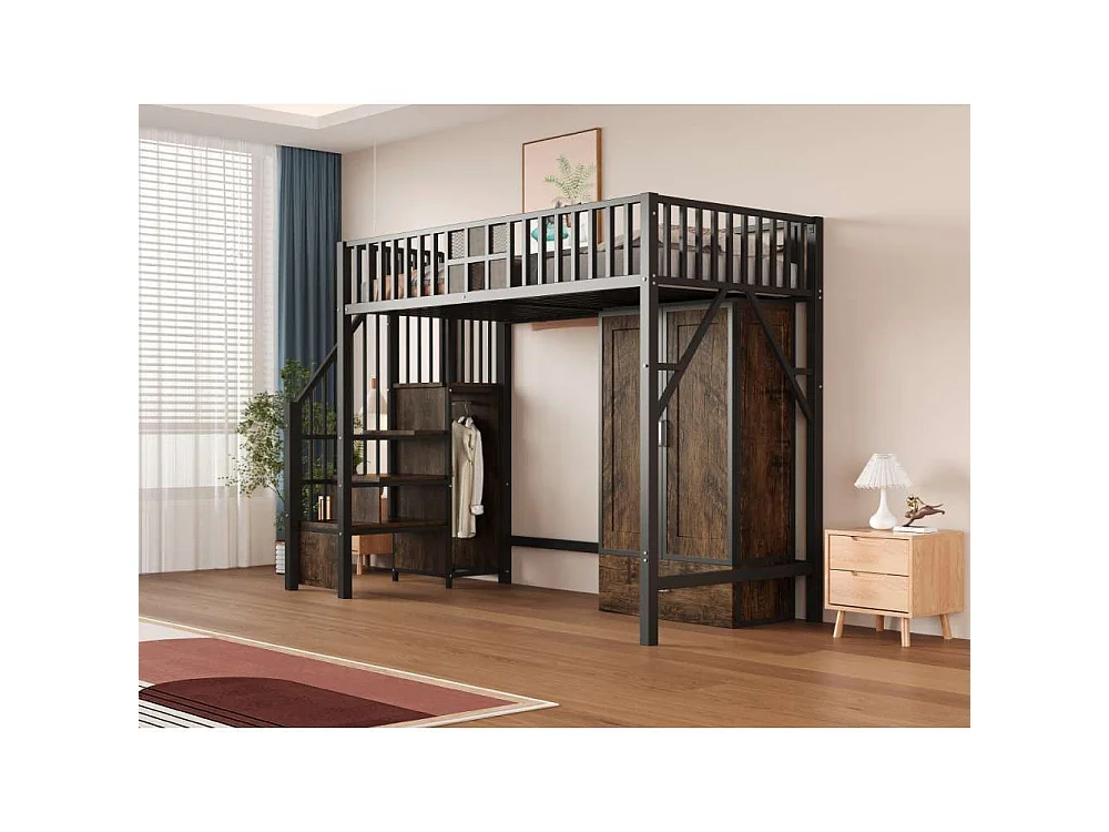 Lit mezzanine métal 90×200 cm avec garde-corps bois-métal, grand placard, tiroirs et échelle de rangement noir